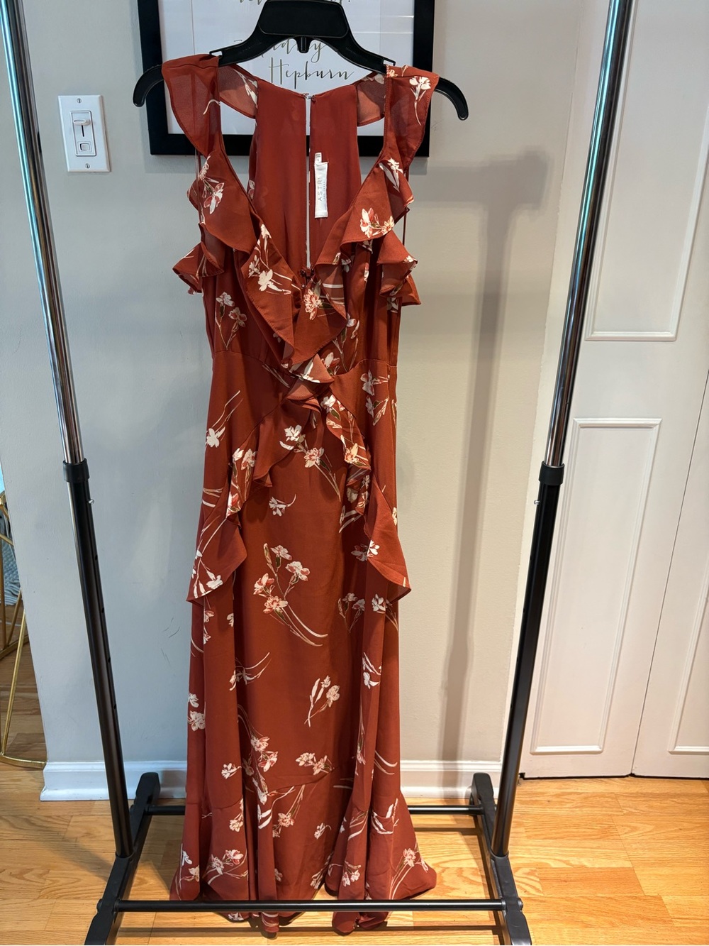 Astr Ruffle Floral Maxi Dress in Rust and Ivory - Size S